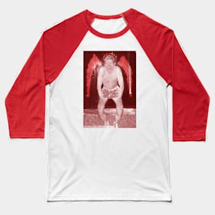 Portrait. Digital collage, special processing. Man in briefs, looking. Angel. Red and white, darker.. Baseball T-Shirt